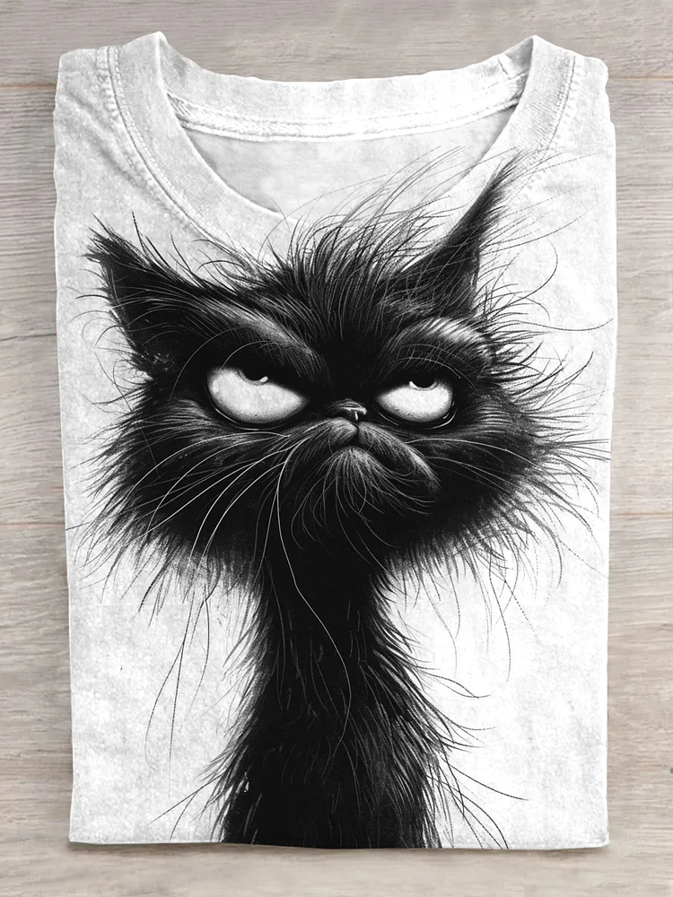 Teecade Teecade Black Cat Art Print Short Sleeve Casual T-shirt