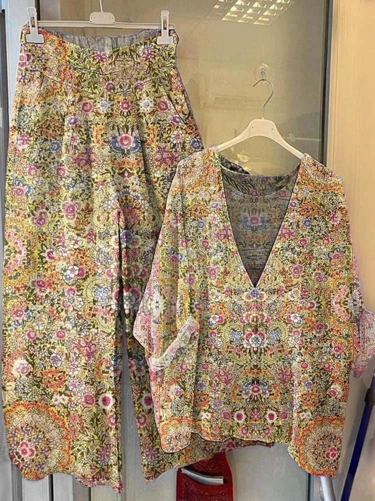 Women's Vintage Floral Art Printed V-Neck Top Wide-Leg Pants Cotton Linen Suit