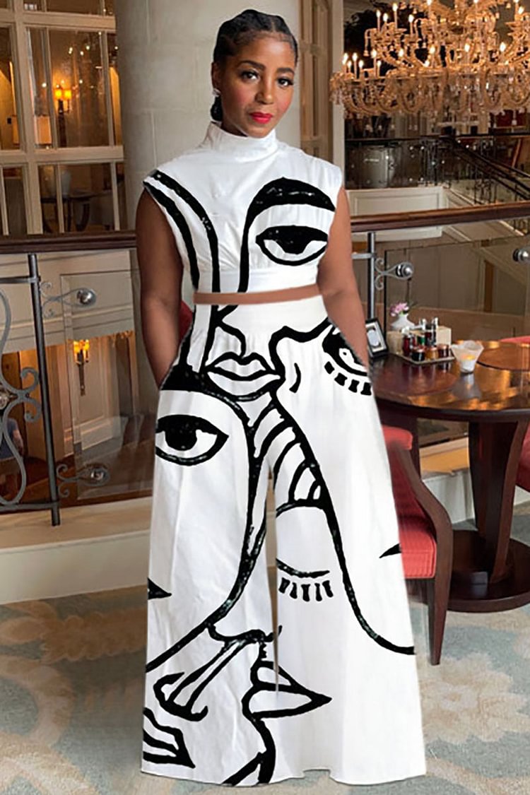 Face Line Print Crop Tank Top Wide Leg Pants Matching Set 