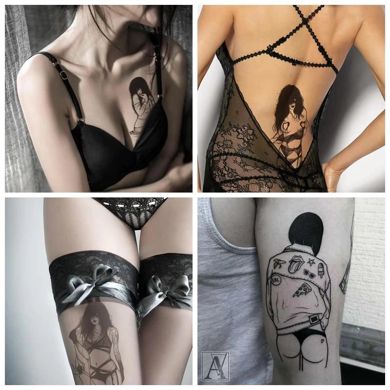 Gingf Black Lace Sexy Fake Tattoo for Woman Waterproof Arm Chest Thigh Faux Tatouage Pour Femme Body Art Temporary Tattoo Sticker