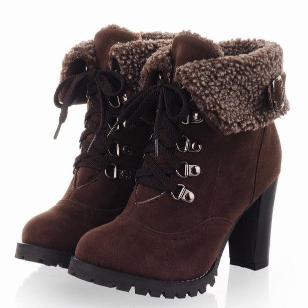 Women Fashion Fuzzy Boots Turn Down Studded Chunky High Heel Lace Up Short Fur Boots