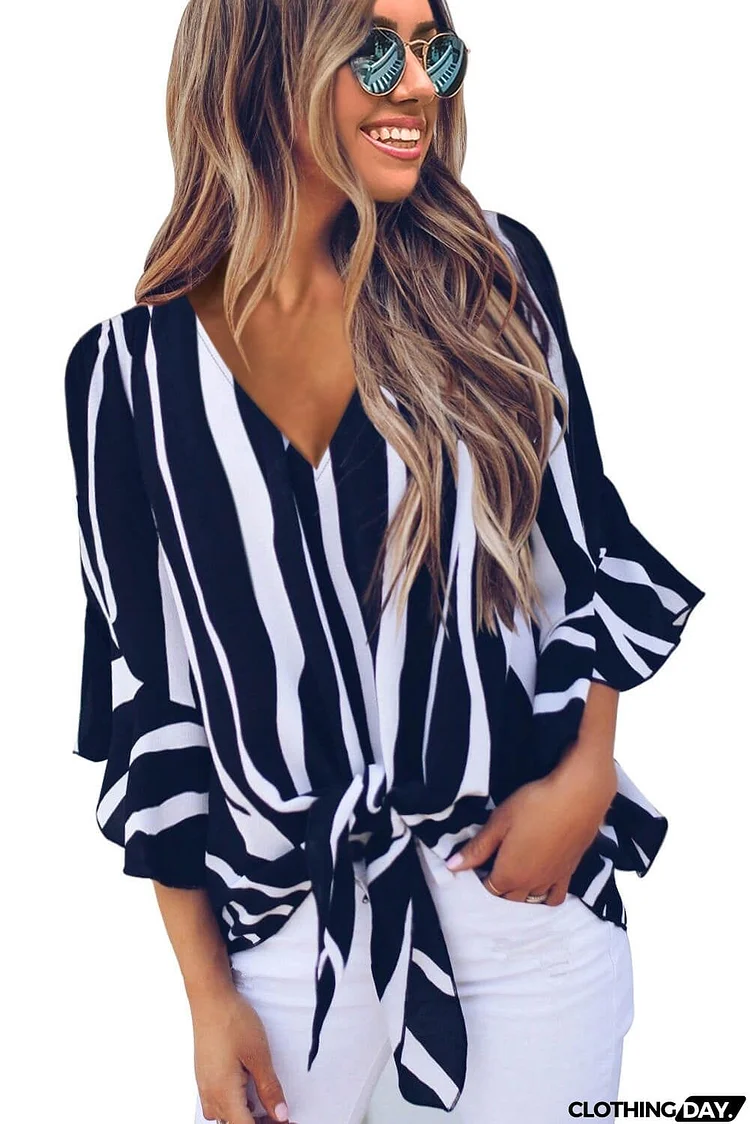 Vertical Stripes V Neck 3/4 Sleeve Blouse