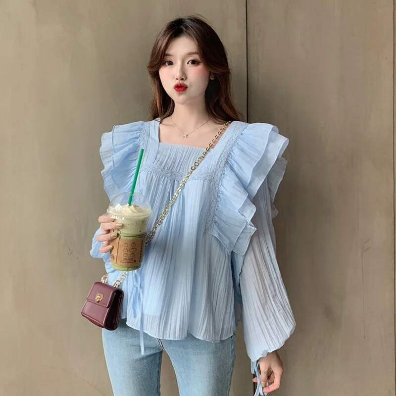 Blue Ruffles Women Blouses Korean New Chic Sweet Square Collar Long Sleeve Female Shirts Autumn Vintage Elegant Blusas Mujer