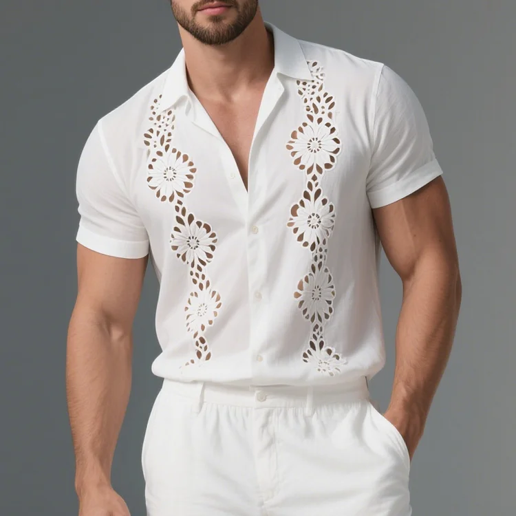Okaywear Burn-Out Hollow Out Button Short Sleeve Shirt Okaywear