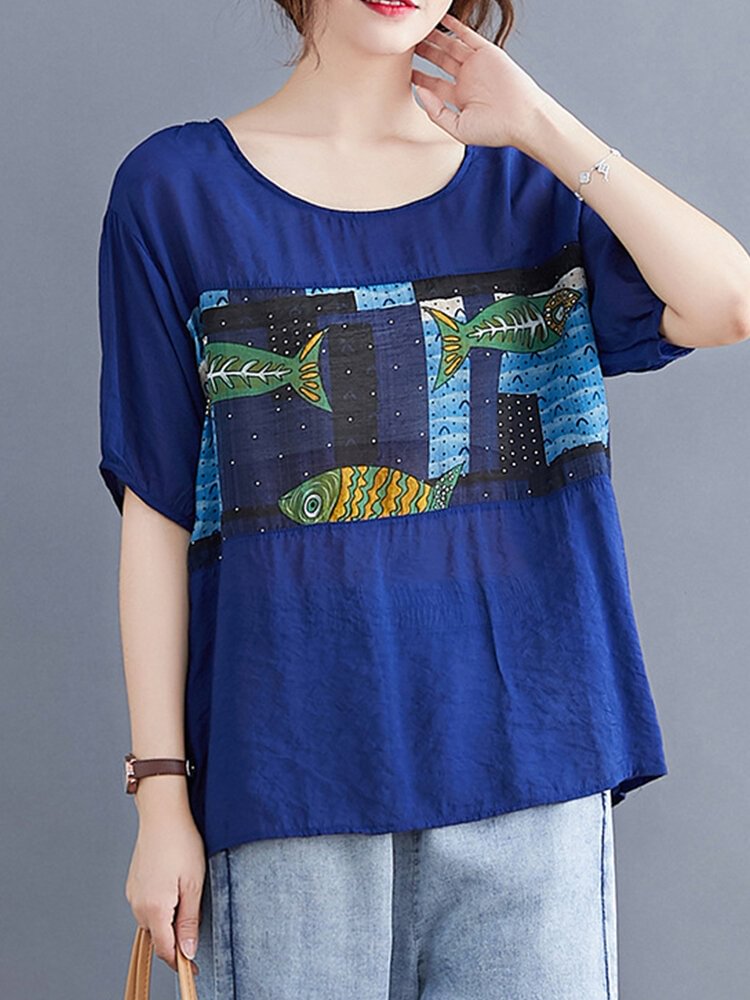 Fish Printed Patchwork Half Sleeve O neck T shirt For Women P1693988