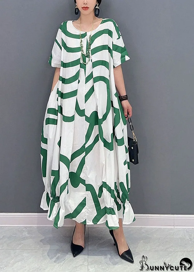 Fashion Green Striped Oversized Wrinkled Cotton Maxi Dresses Summer