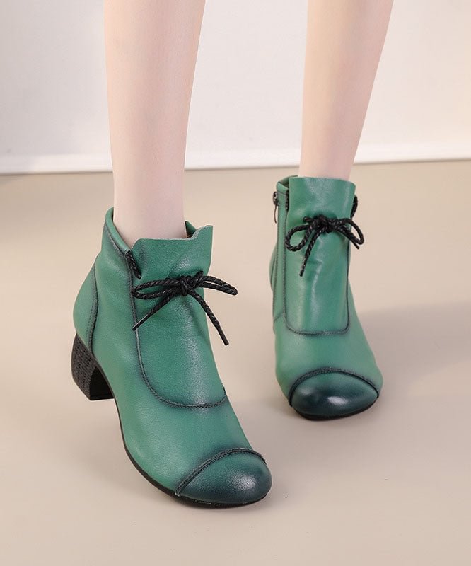 Green Boots Chunky Heel Cowhide Leather Unique Splicing Boots