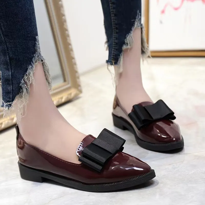 Breakj Breakj Korean Version Of The Bow Tip Casual Low Single Shoes Women's Flat Base Simple Socket Commuting Women's Leather Shoes