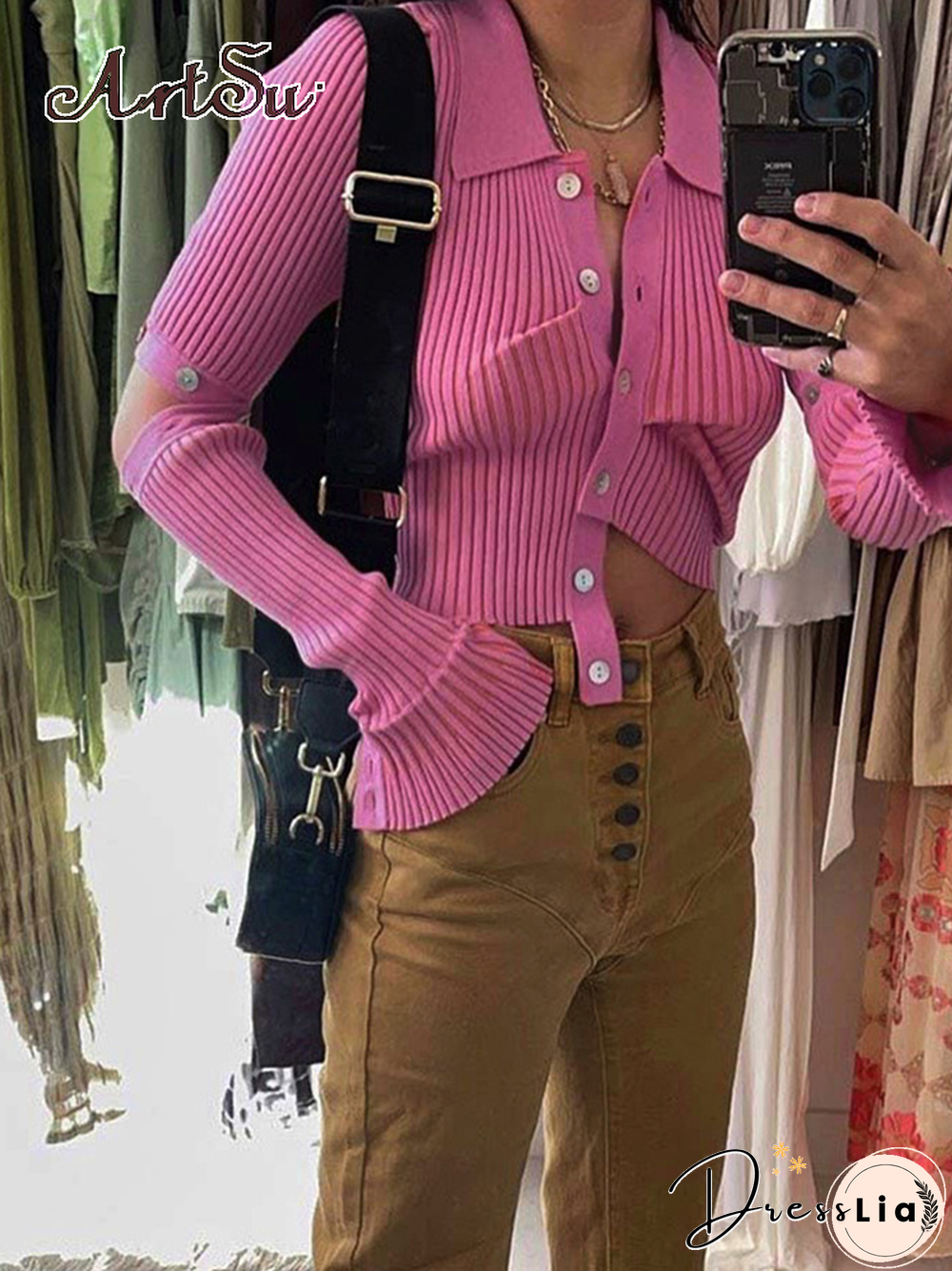 Artsu Cute Pink Kinited Cropped Top Women Y2K Ruched Crop Top Long Sleeve Camisole Top Winter Party Club Vintage