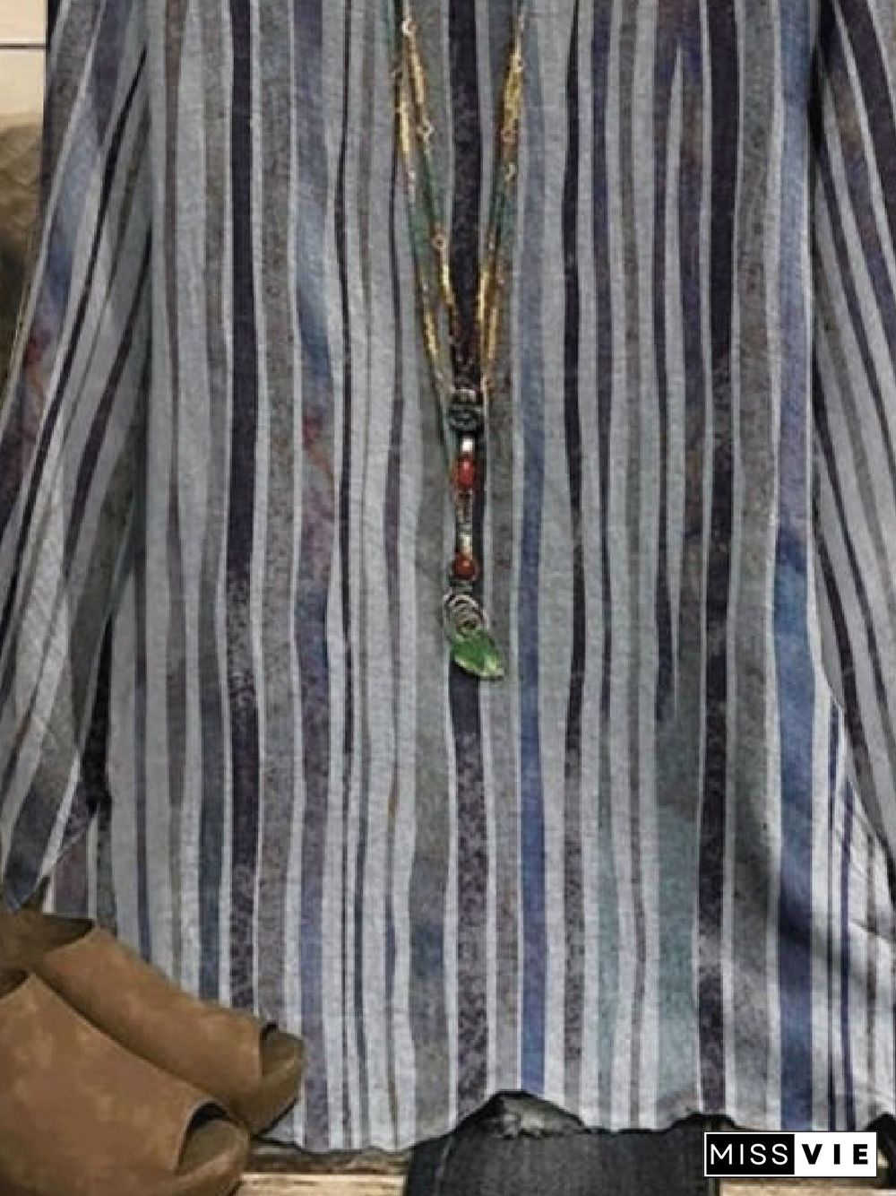 Casual Stripes 3/4 Sleeve Crew Neck Tops