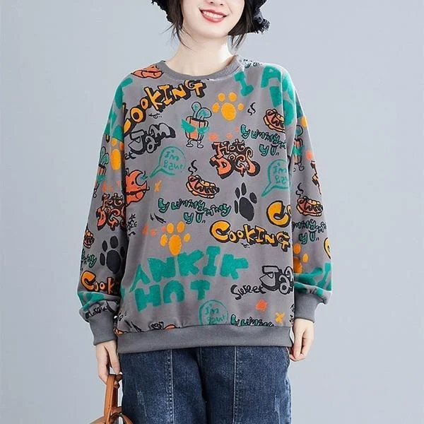 Print O-neck Loose Female Long Sleeve Cotton Tops