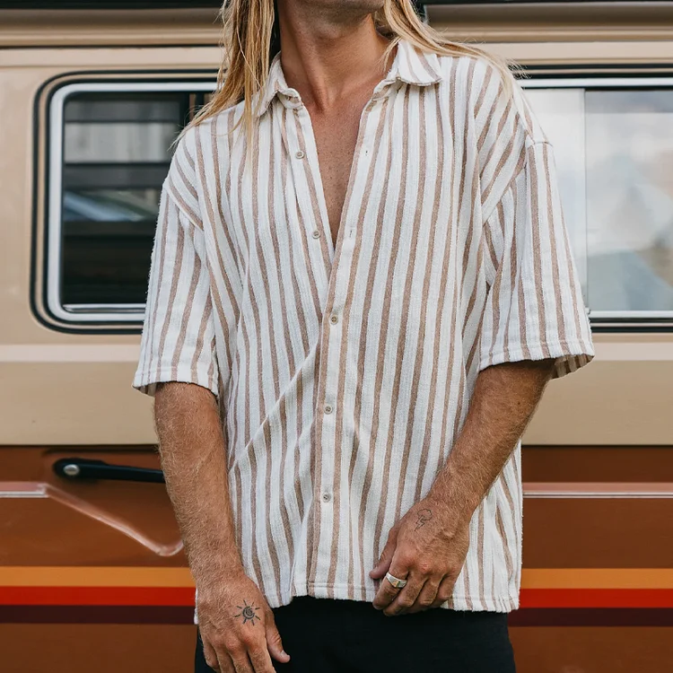 Men's Cotton And Linen Stripe Textured Short Sleeve Brown Shirt