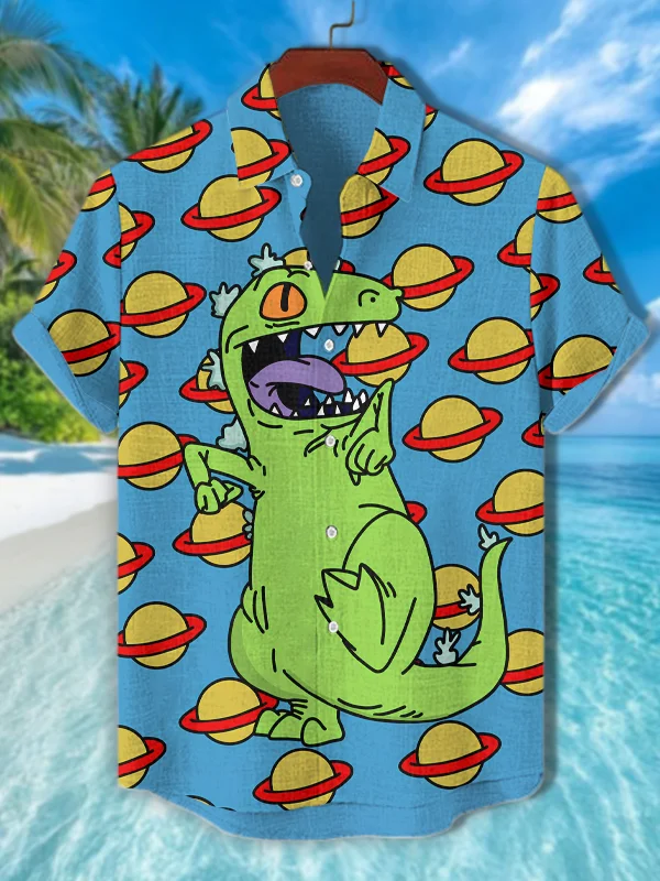 Men's Funny Dinosaur Planets Graphic Print Short Sleeve Shirt