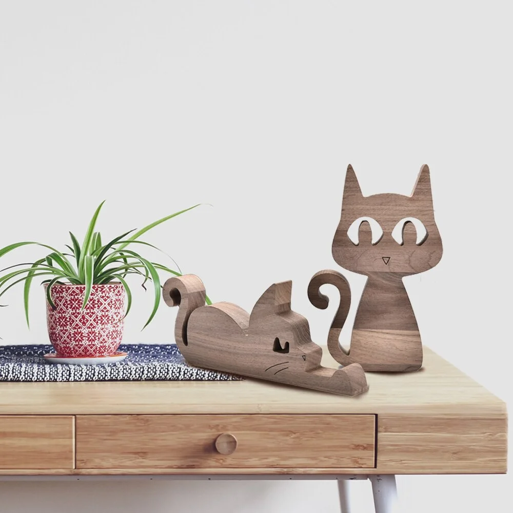 Wooden Cat Figurines Decoration Handmade Desktop Sculpture Craft Cute Cat Home Office Decor Gifts For Cat Lovers