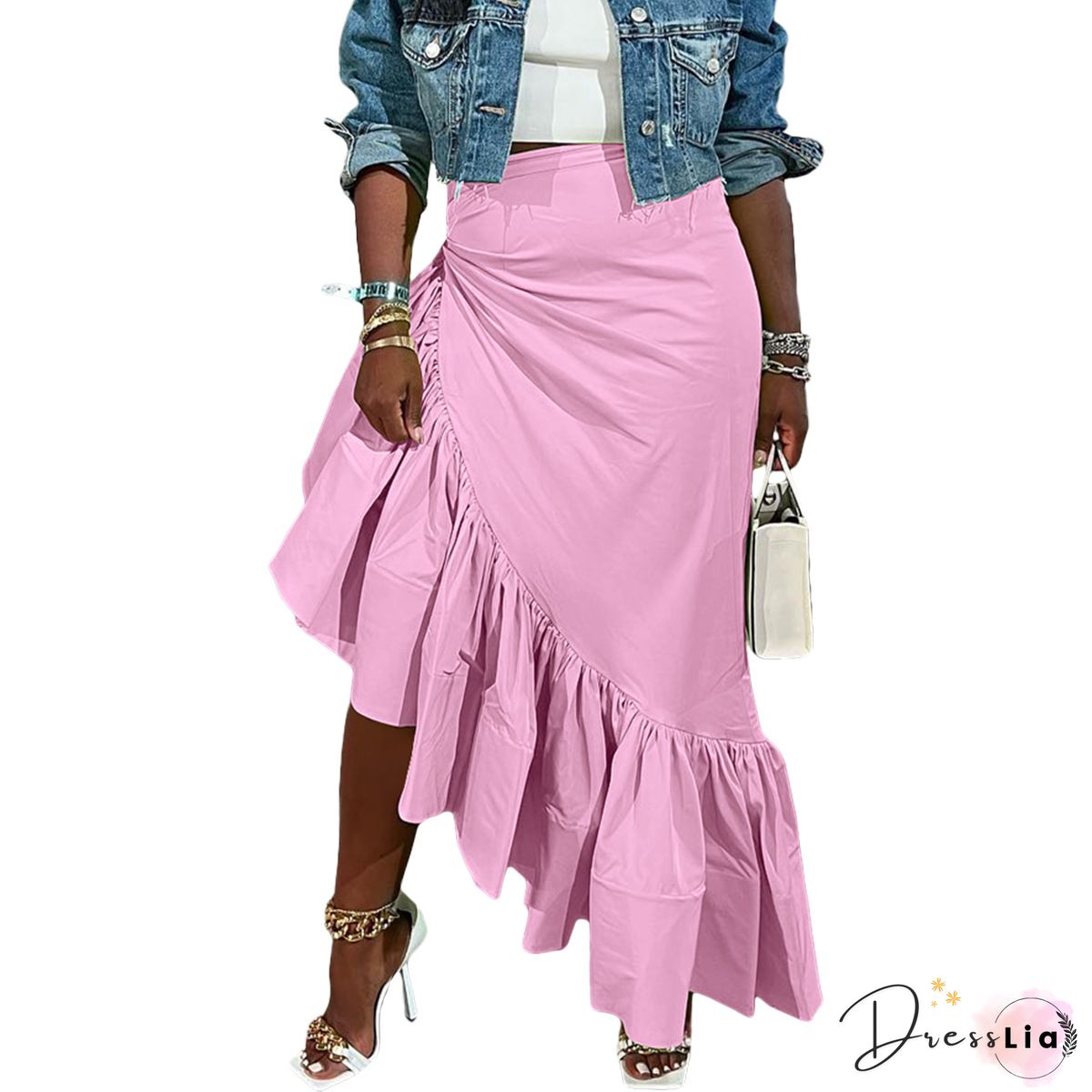 High Waist Asymmetrical Slit Ruffle Hem Skirts