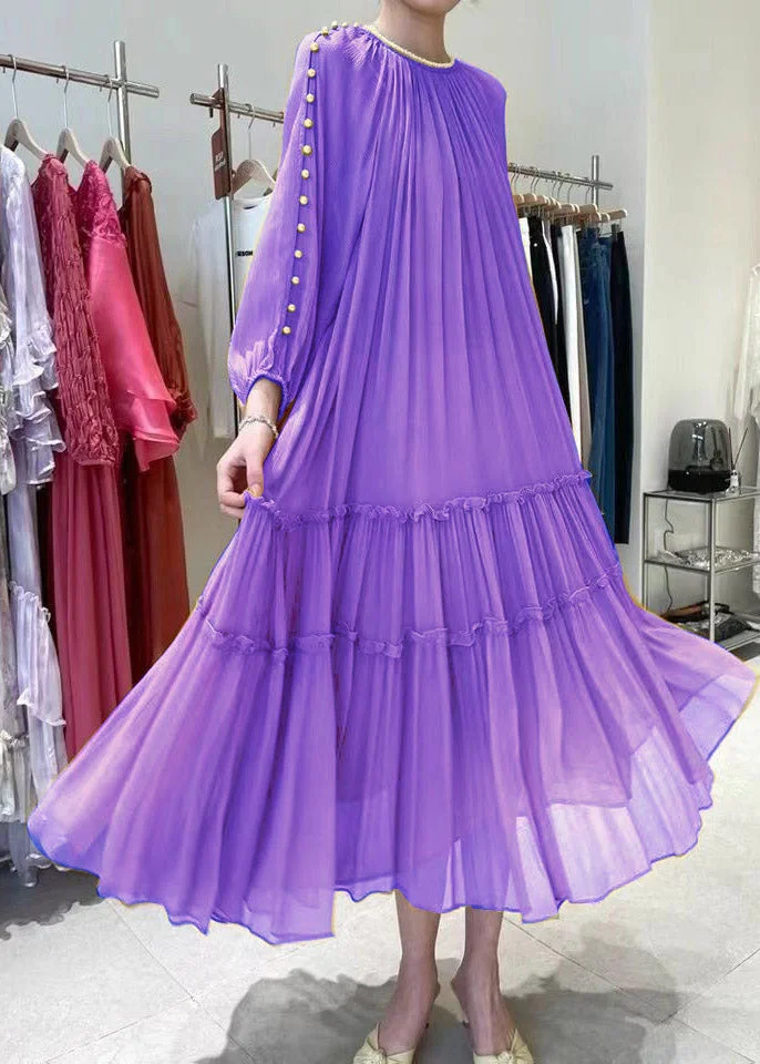 Temperament Purple Nail bead Ruffled Silk Dress