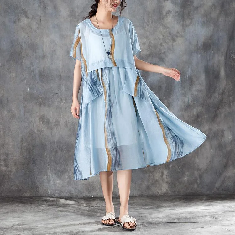 Summer Women Short Sleeve Pleated Blue Thin Dress