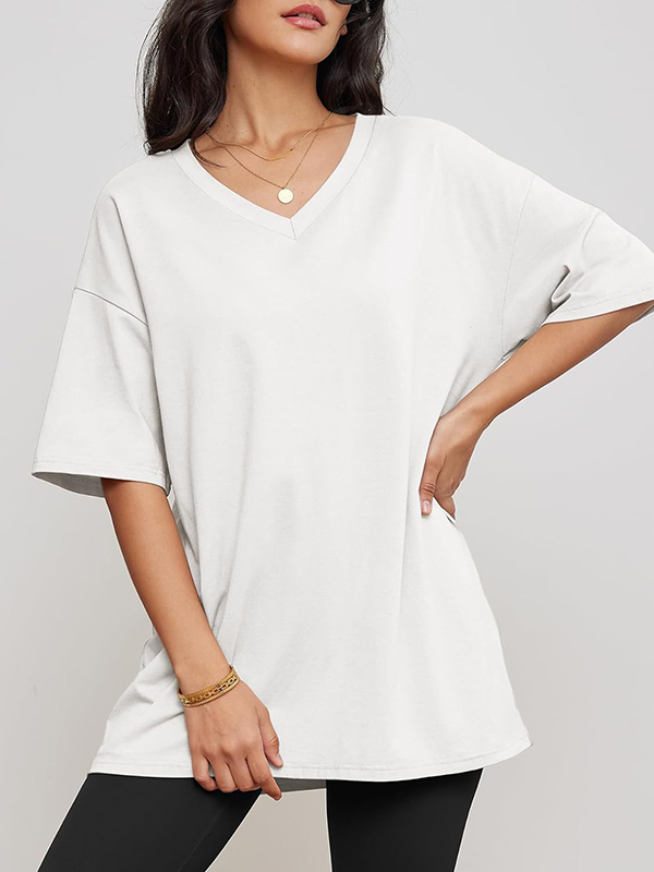 Split-Joint Solid Color Short Sleeves V-Neck T-Shirts WHITE-S