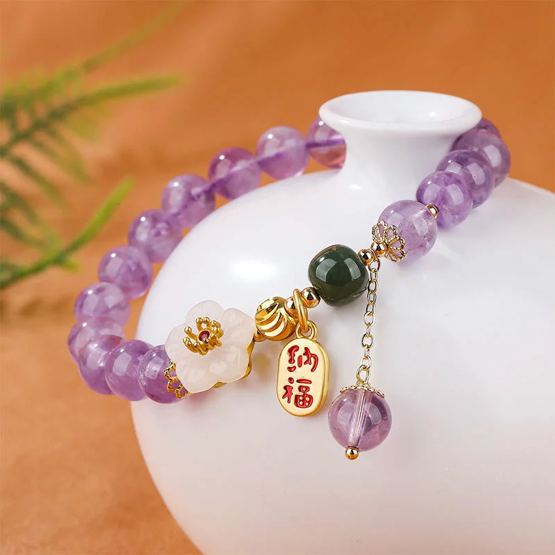 Natural Amethyst Cherry Blossom Healing Fortune Blessing Charm Bracelet