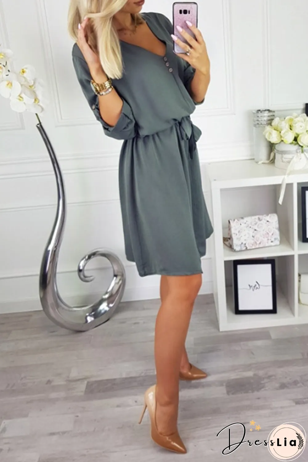 Fashion Casual Solid Buttons Strap Design V Neck Dresses