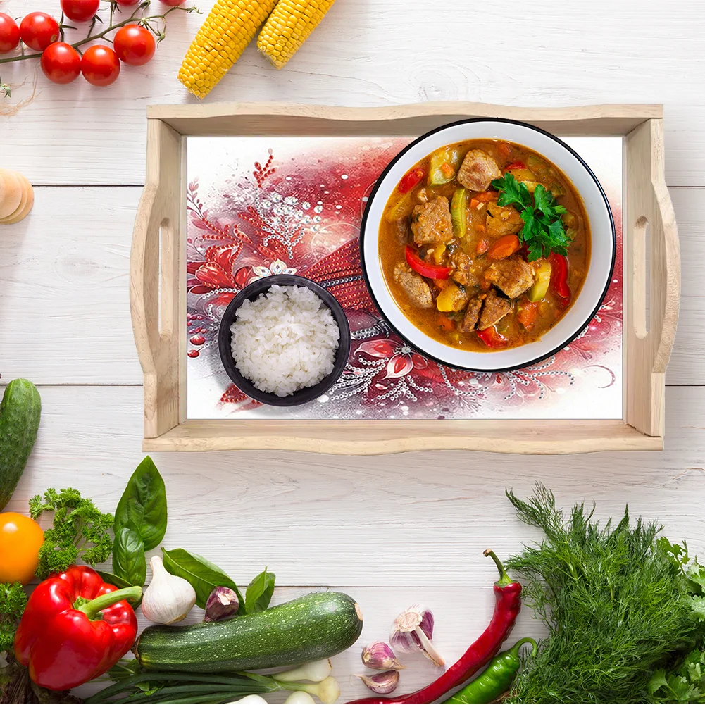 5D DIY Cardinal Diamond Painting Wooden Serving Tray with Handle for Desk