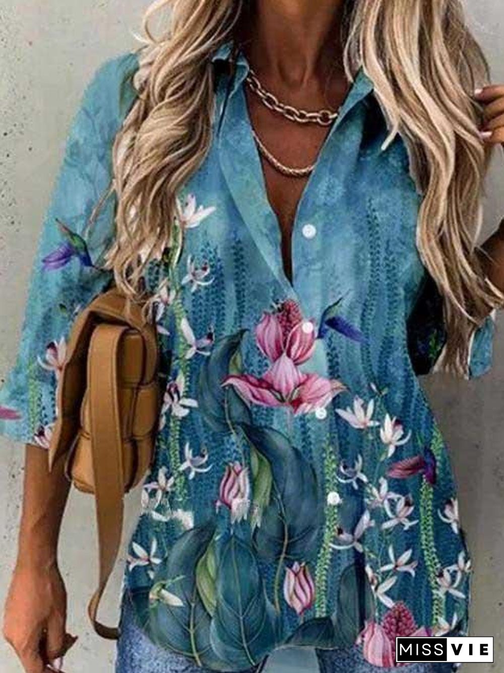 Lapel 3/4 Sleeve Printed Shirt