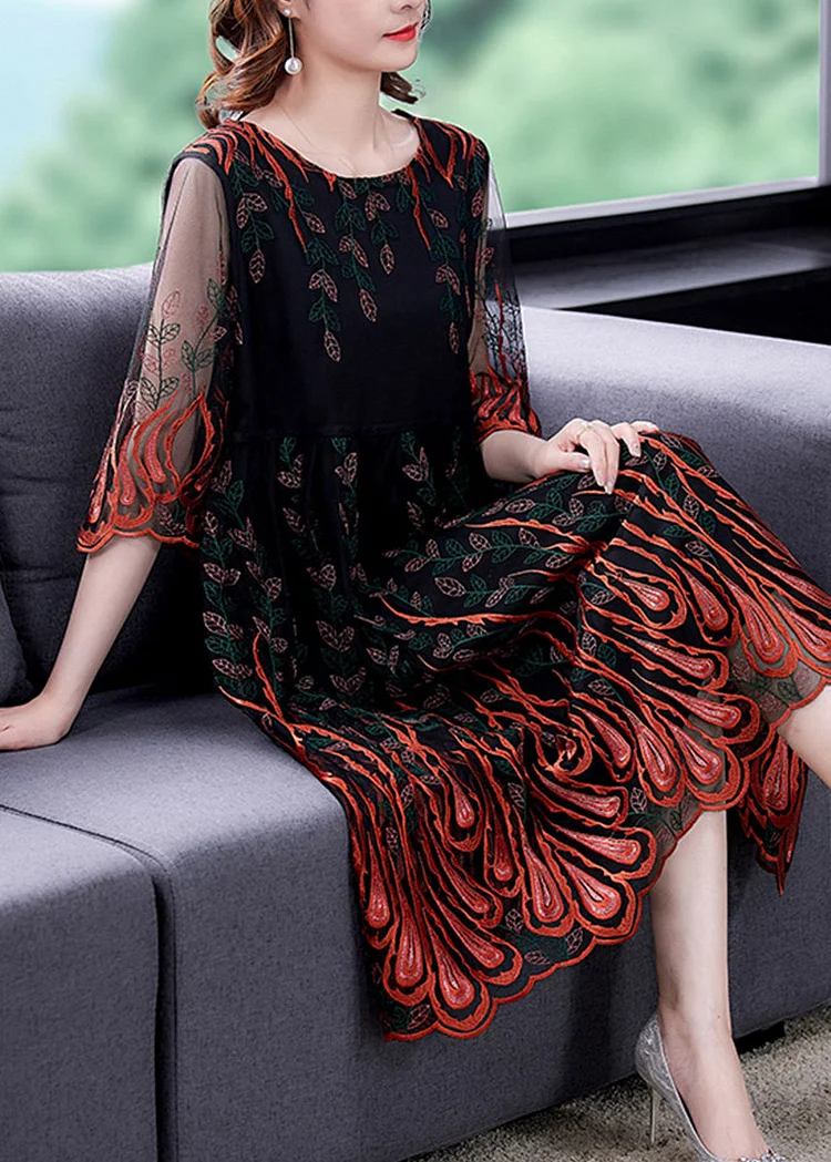 Boho Red Embroideried Tulle Silk Maxi Dresses Summer