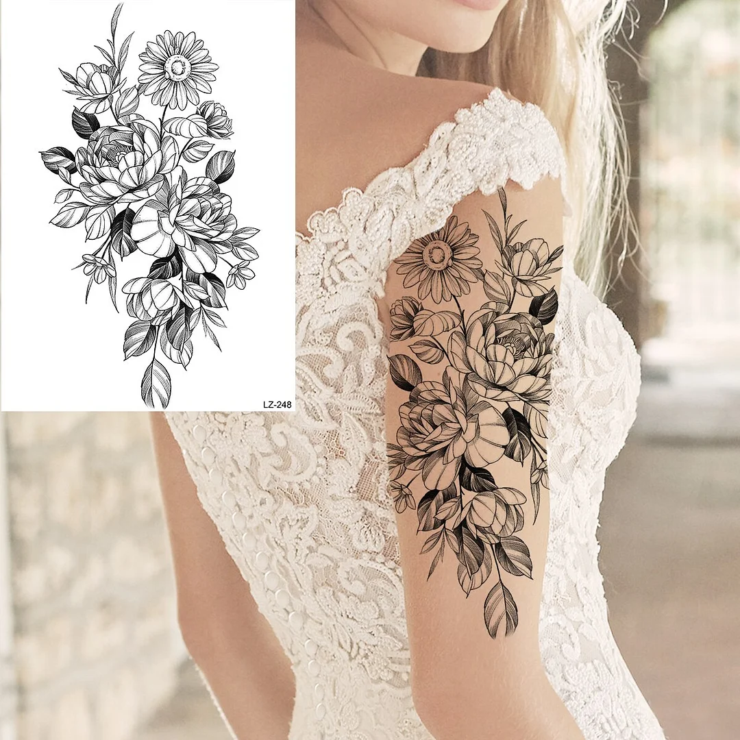 Sdrawing Large Rose FLower Temporary Tattoos For Women Adults Henna Skull Compass Snake Flower Fake Tattoo Sticker Leg Tatoos Thigh