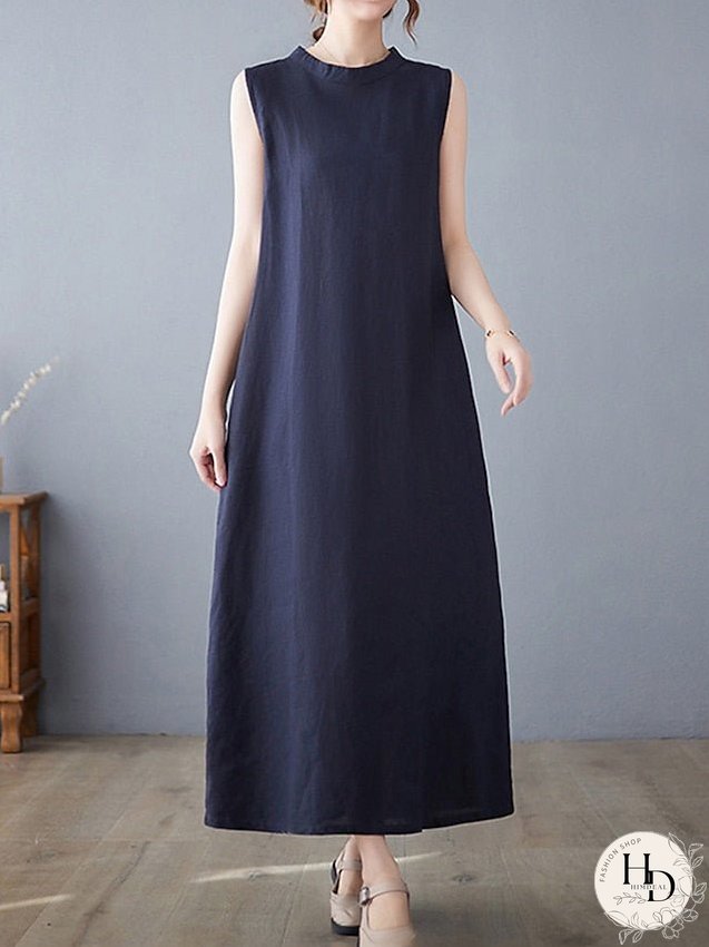 Cotton Linen Dress Casual Dress Midi Dress Linen Cotton Blend Basic Modern Outdoor Daily Vacation Stand Collar Pocket Sleeveless Summer Spring Loose Fit Navy Blue Apricot Plain M L XL 2XL for Women