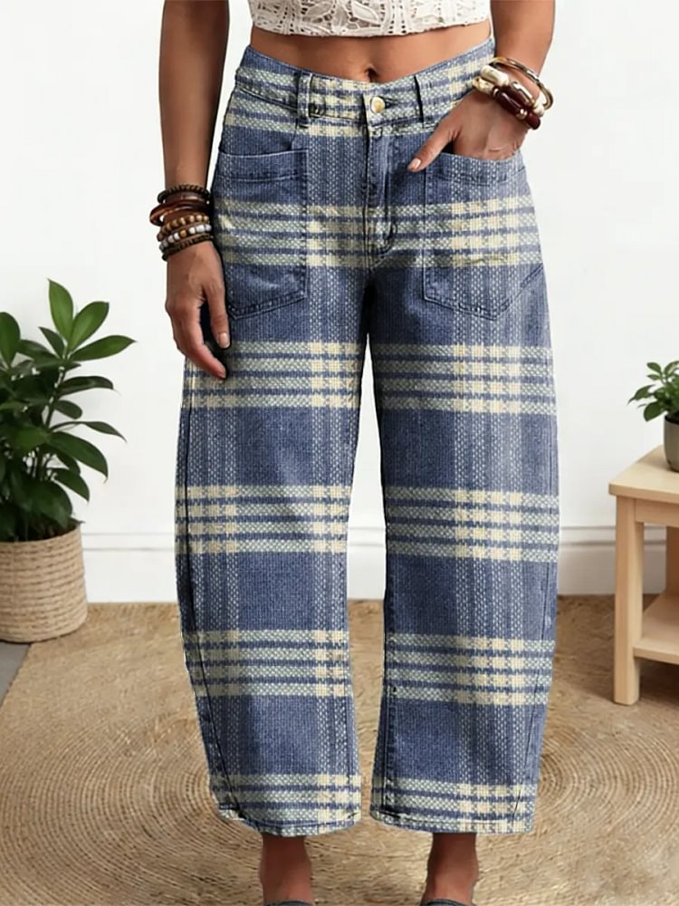 Women's Plaid Pattern Art Print Casual Cotton Denim Pants