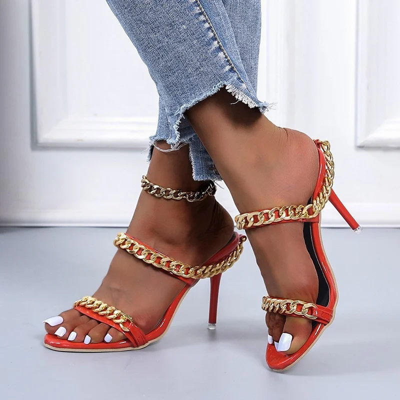Chain fish mouth pointed stiletto heel ladies sandals and slippers