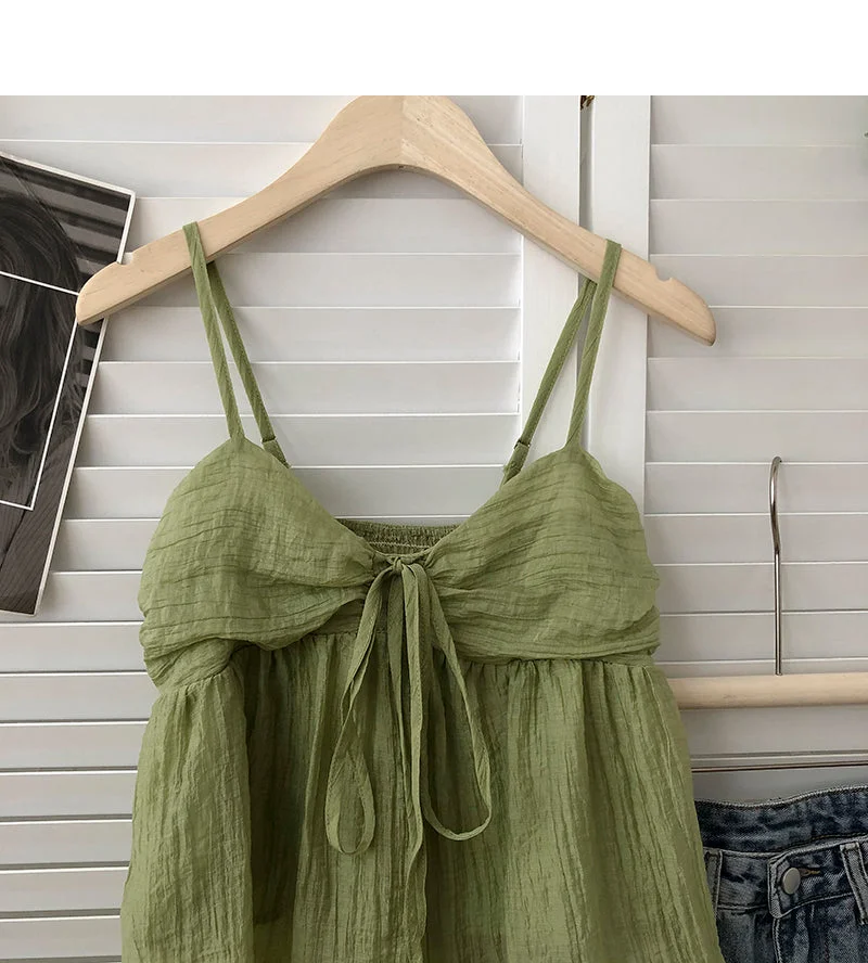 Wongn Summer New Korean Style Sweet Crop Tops All-Match Bow Tie Sleeveless Short Mesh Outer Wear Spaghetti-Strap Camisole Top 703-1