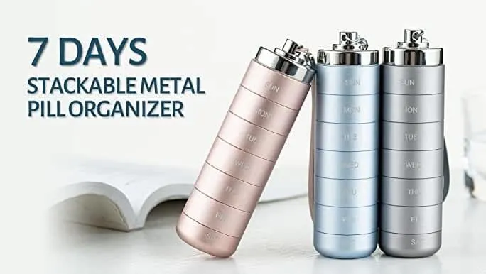 Metal Travel Pill Organizer, Portable Waterproof Weekly Pill Box, Large Aluminum Alloy Container, BPA Free 7 Day Daily Medicine Organizer Holder for Vitamin, Fish Oil, Supplement Storage box
