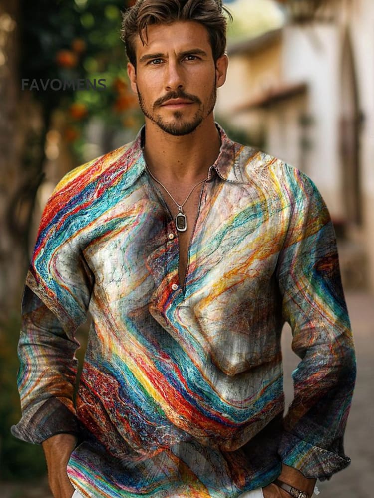 Vintage Dreamy Color Textures Print Cotton And Linen Casual Shirt Multicolor / S