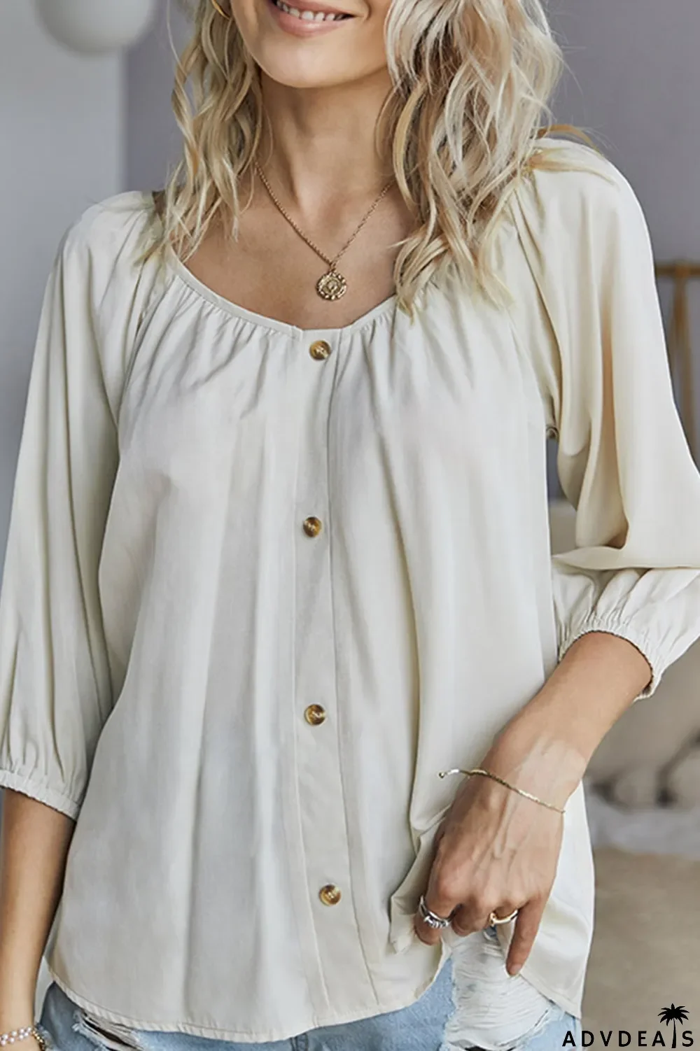 Elegant Solid Buckle V Neck Tops