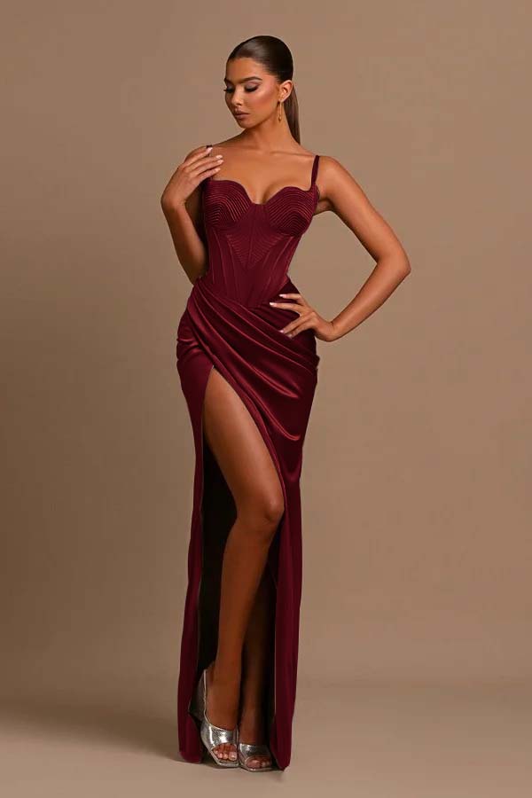 Hidais Stunning Sliver Sweetheart Spaghetti Strap Pleated Long Prom Dress with Split