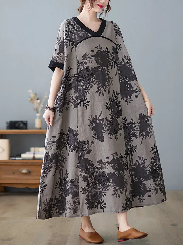 Original Artistic Retro Loose Floral Printed Split-Joint Midi Dress