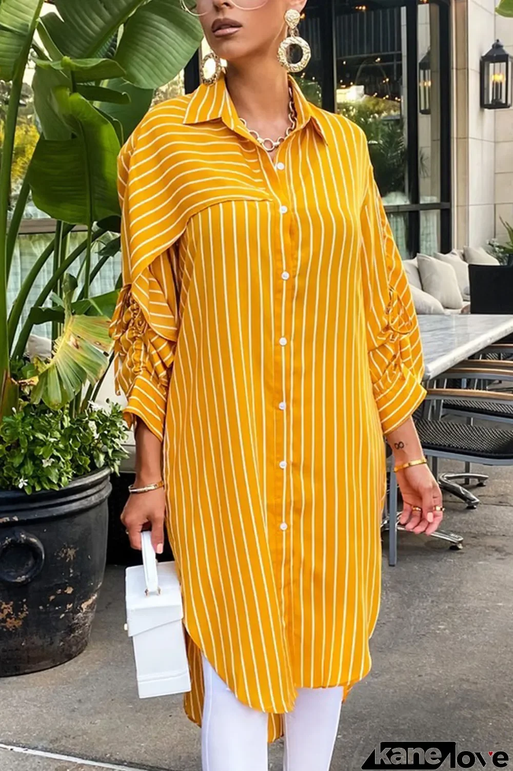 Yellow Elegant Striped Fold Turndown Collar Outerwear