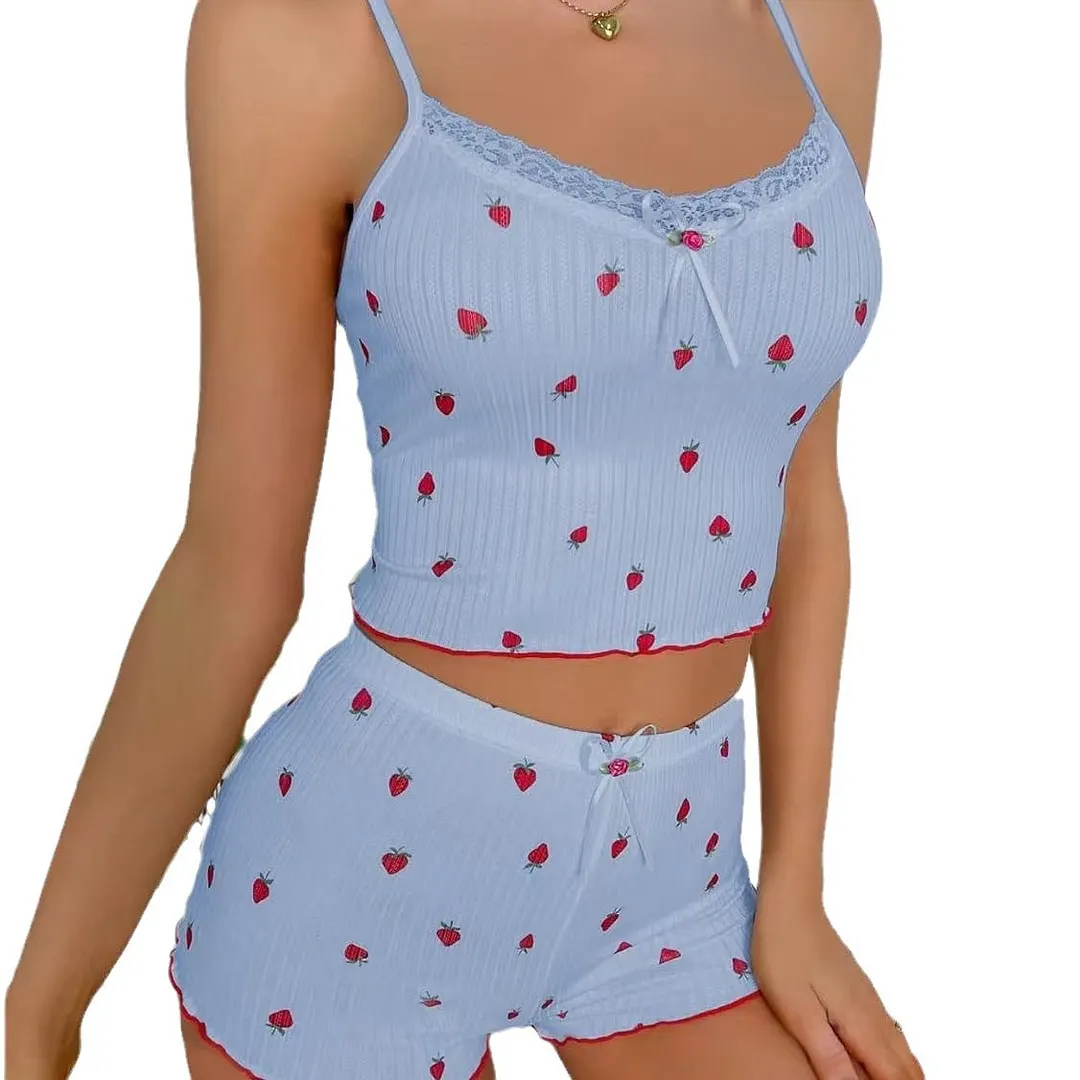 Churchf Summer New Large Print Pit Strip Home Lady Bow Slings Shorts Strawberry Print Two Sets