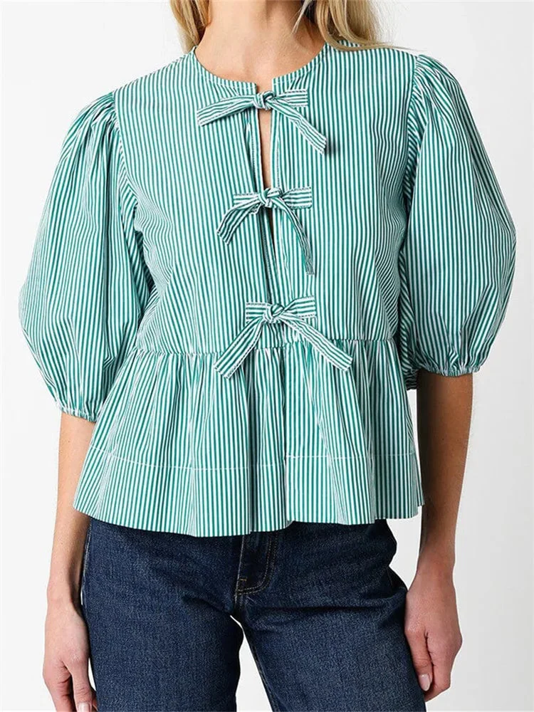 Nncharge Women¡¯s Front Bow  Tops Puff Sleeve Round Neck Ruffle Loose Shirts Spring Summer Sexy Elegant Tops and Blouses