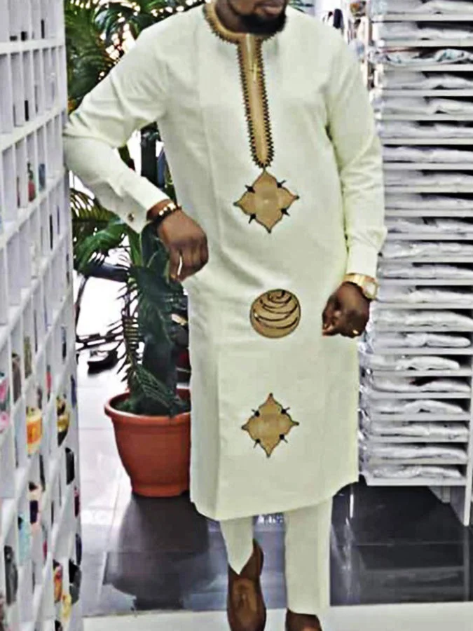 Men's fashion casual white print two-piece suit