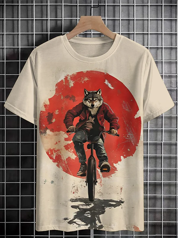 Men's Street Wolf Riding A Bicycle Art Print Casual T-Shirt