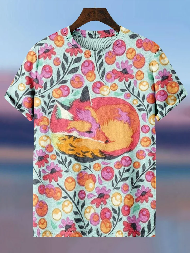 Men's Cartoon Floral Fox Print Casual T-Shirt