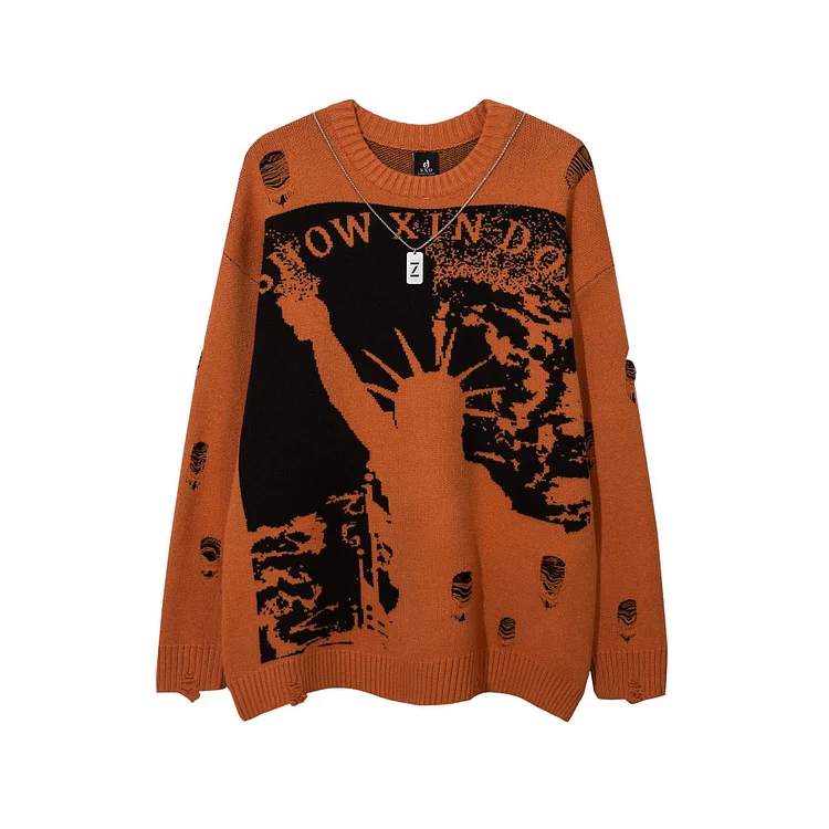 High Street Liberty Avatar Letter Jacquard Knitted Sweater Loose Ripped Sweater at Hiphopee