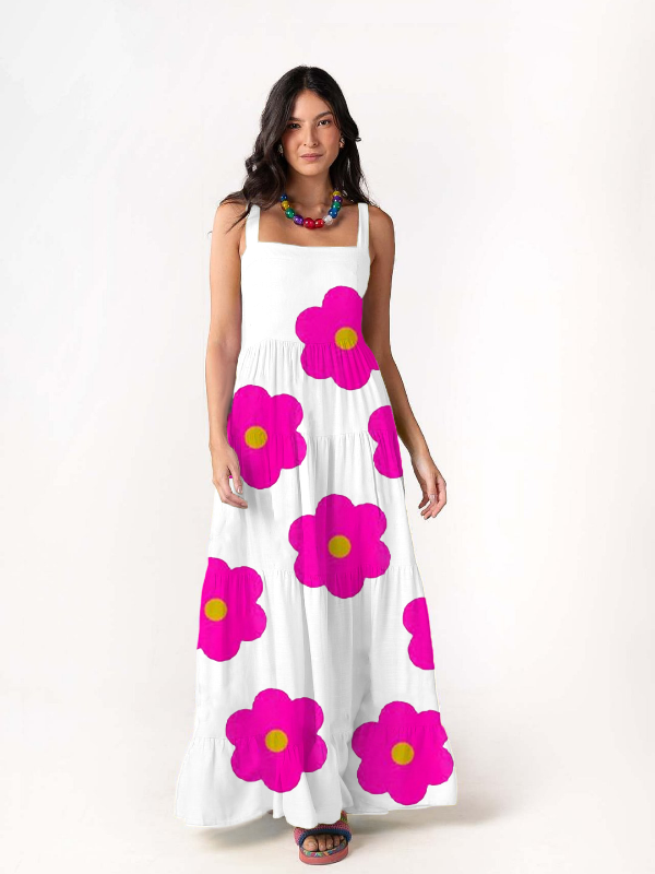 Floral Printing Cut Multi-Tiered Suspenders Loose Maxi Dress