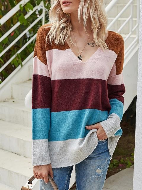Striped Contrast Color V-neck Pullover Sweater - Shop Trendy Women's Clothing | LoverChic
