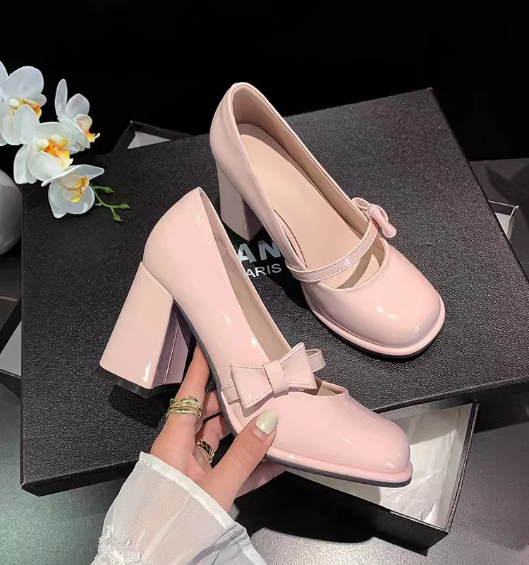 Tanguoant Tanguoant French Retro Pink Thick Heels Mary Jane Shoes 2023 New Bow Black Budle Single Shoe Woman