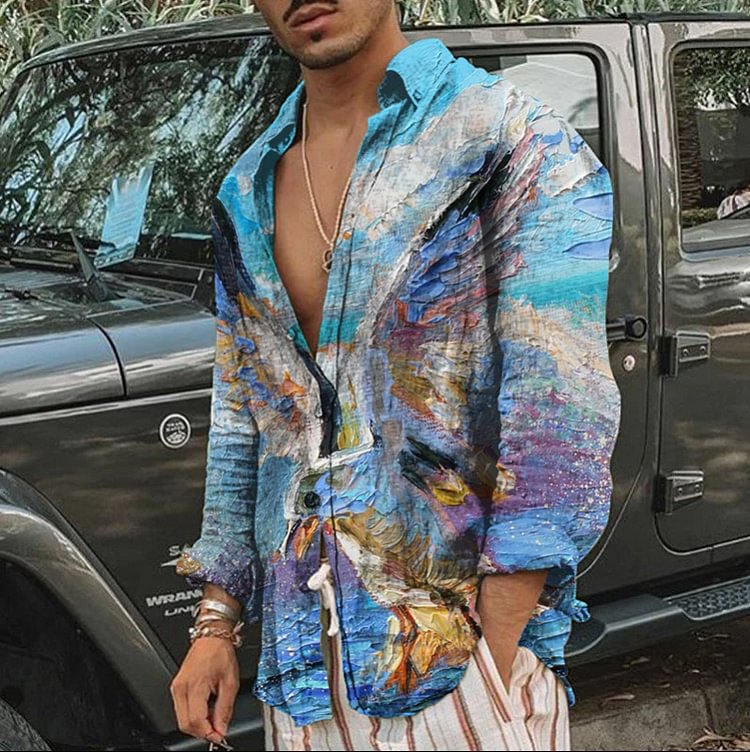 Eagle printed men's casual long sleeved shirt top