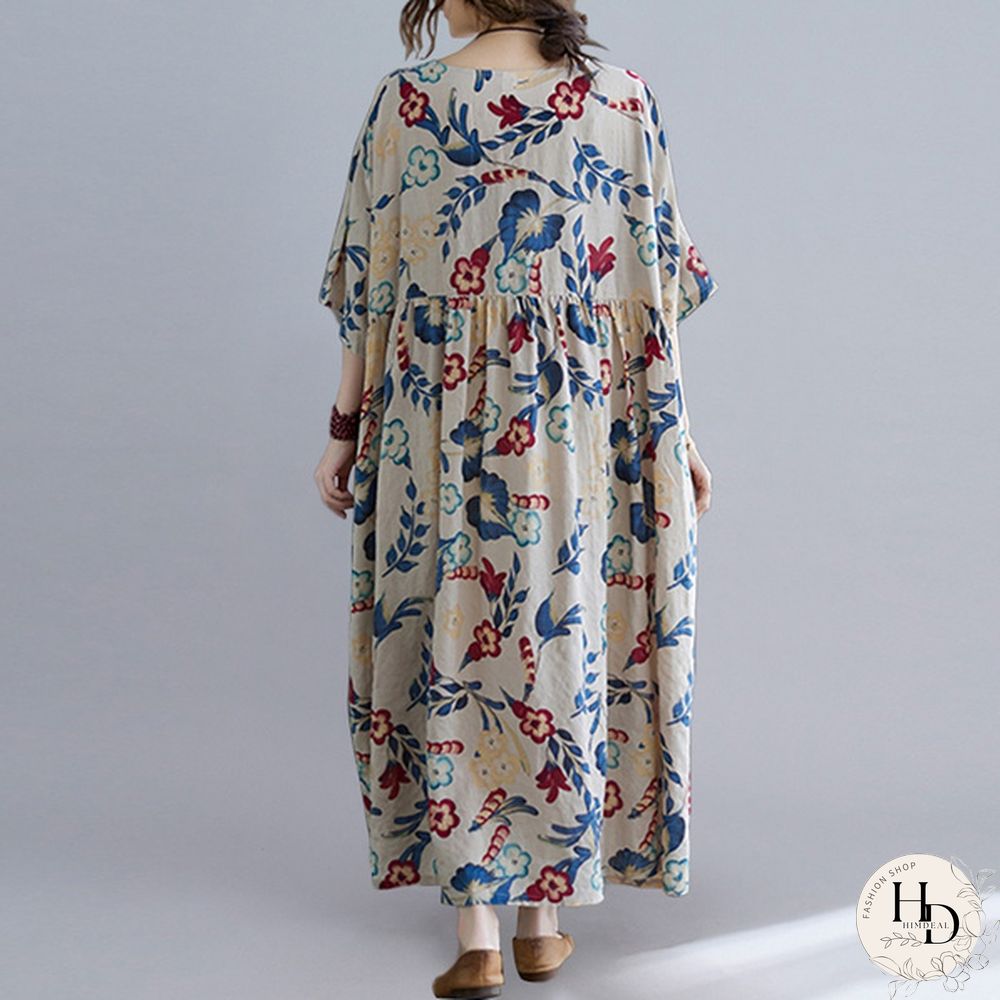 ZANZEA Women Half Sleeve Round Neck Dress Floral Print Summer Dress Casual Loose Long Dress