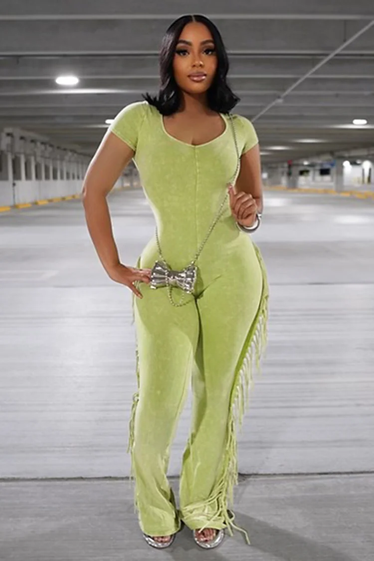 Short Sleeve Fringe Slim-Fit EDM Music Festival Jumpsuit-Green [Pre Order]
